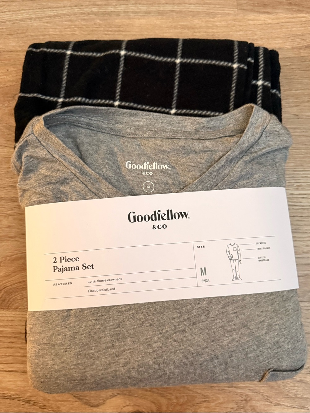 NWT Goodfellow & Co 2-Piece Pajama Set - Grey Top with Black Plaid Pants